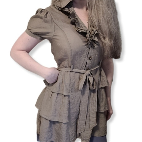 FOREVER XXI Cute 3/4 Army Green Tunic Top with Belt and Ruffles Size Small - Picture 2 of 13